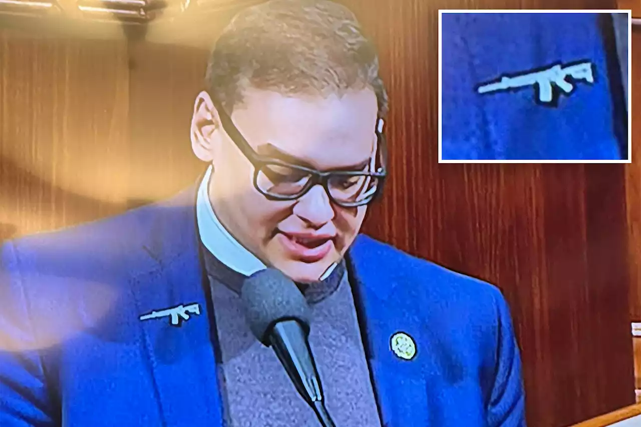 Smug George Santos shows off assault rifle lapel pin on the House floor, angering Dems