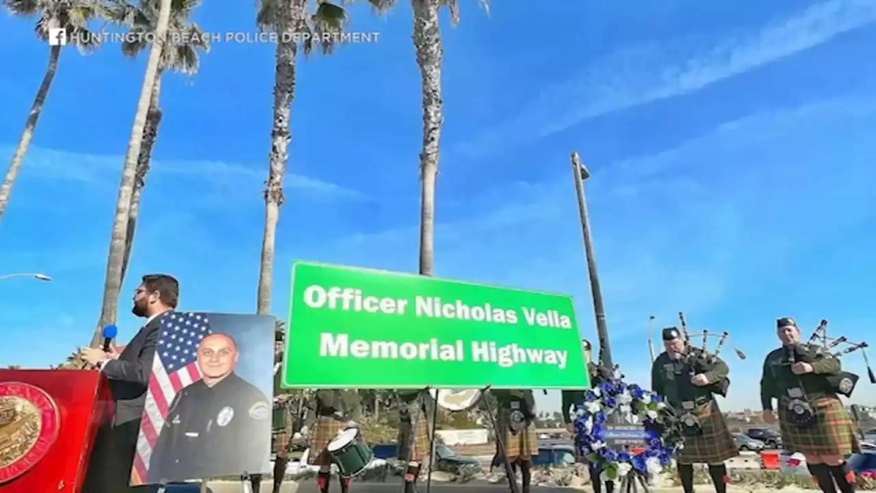 Memorial sign on PCH in Huntington Beach honors officer killed in 2022 helicopter crash