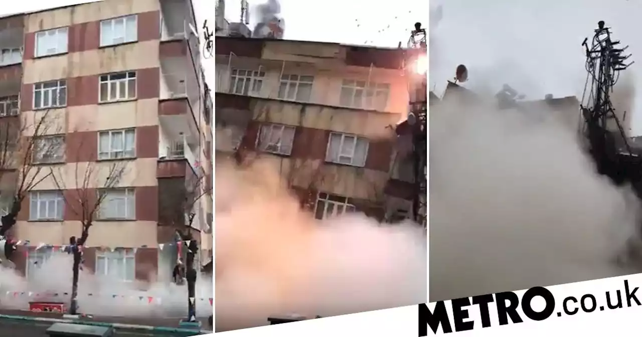 Block of flats completely flattened after earthquake causes building to collapse