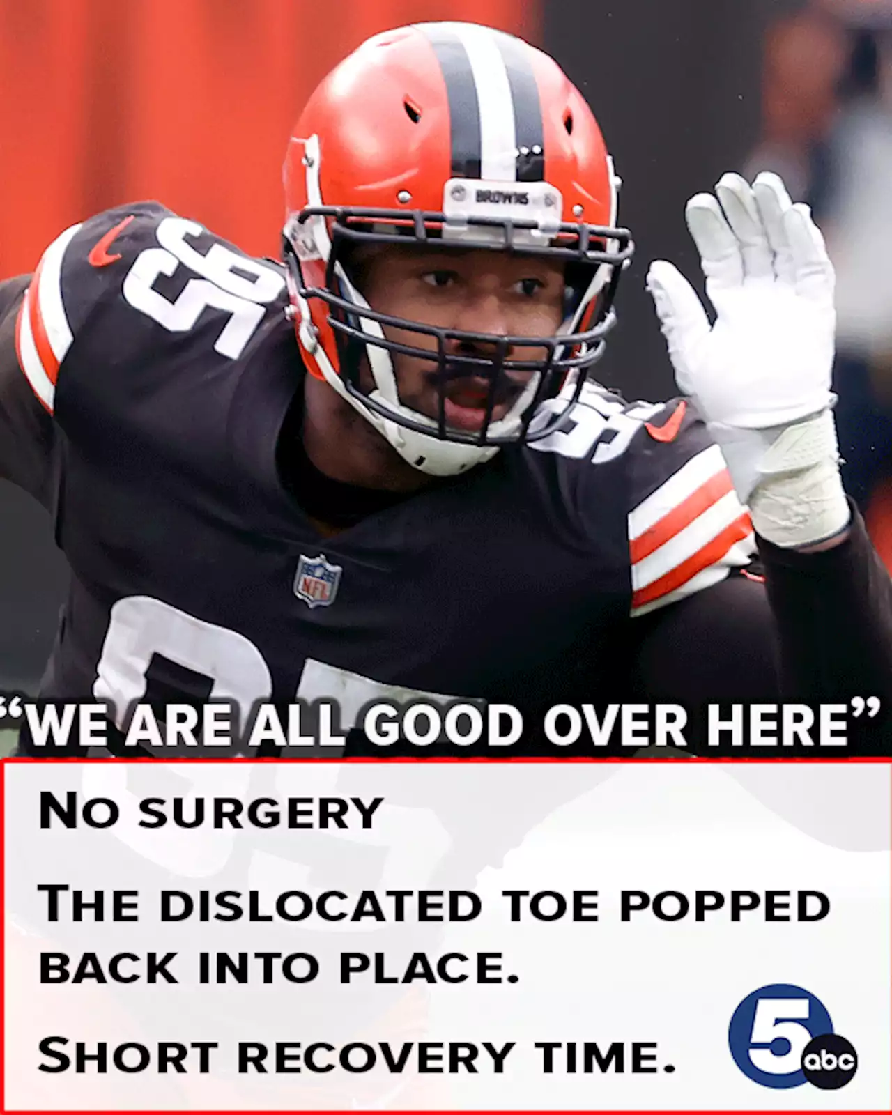 Browns DE Myles Garrett won't need surgery on dislocated toe