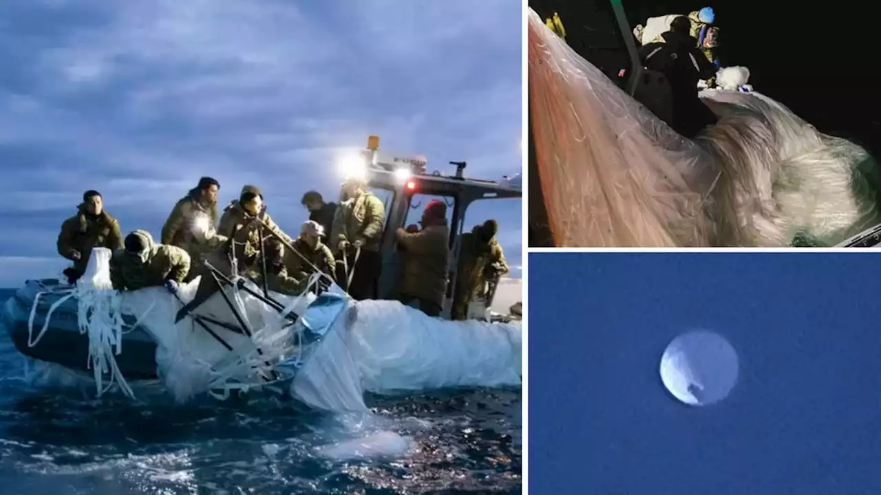 US Navy releases photos of downed 'spy balloon' being pulled from Atlantic Ocean by sailors