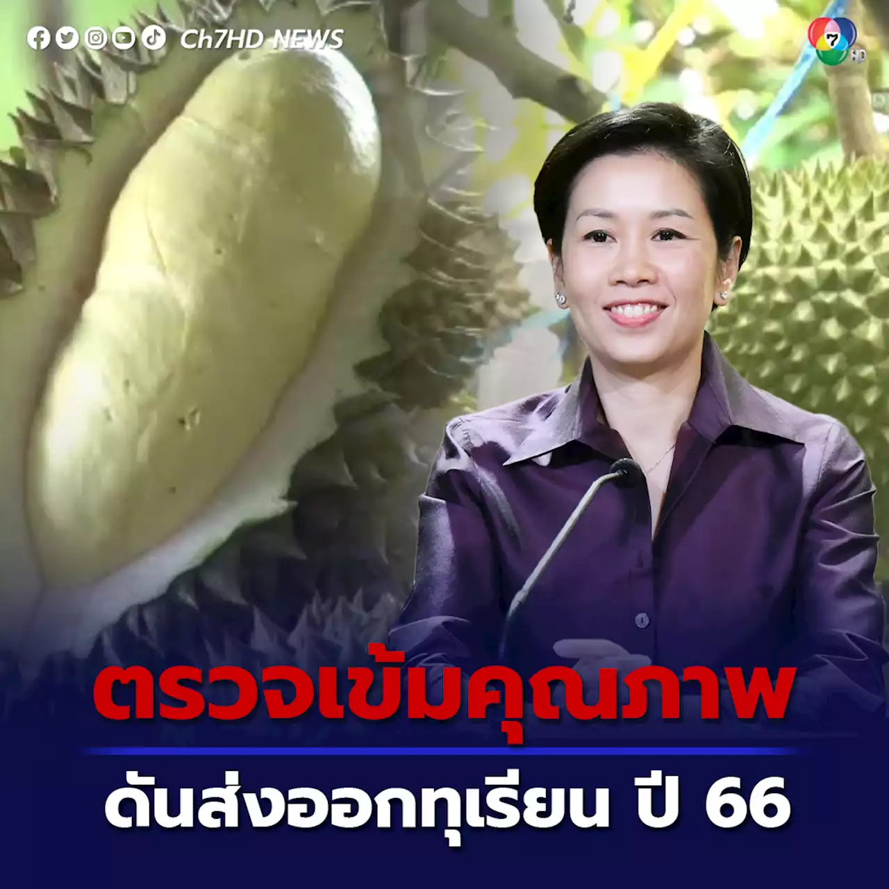 ส่งออกทุเรียนปี 66 รัฐบาลตรวจเข้มคุณภาพต้องได้มาตรฐาน แก้ปัญหาทุเรียนอ่อน