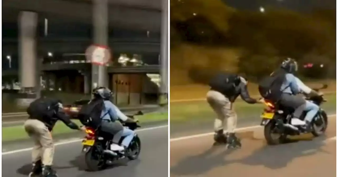 Un patinador suicida: imprudencia vial de un hombre en patines y dos motociclistas quedó en video