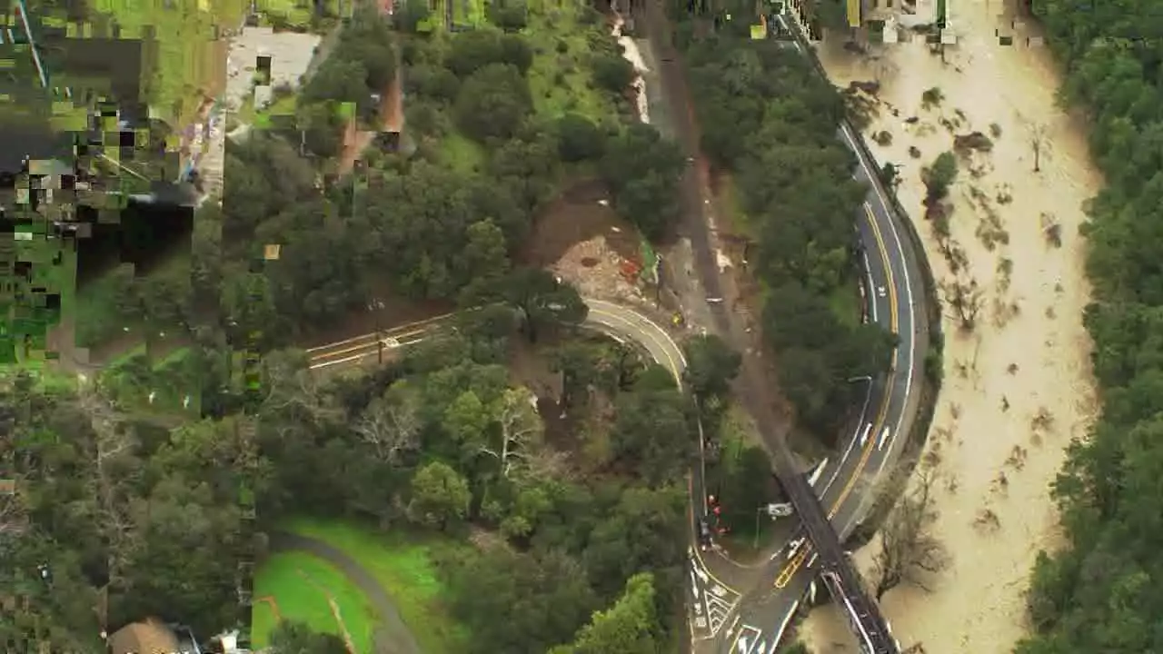 Aerial view of flooding Niles Canyon Road