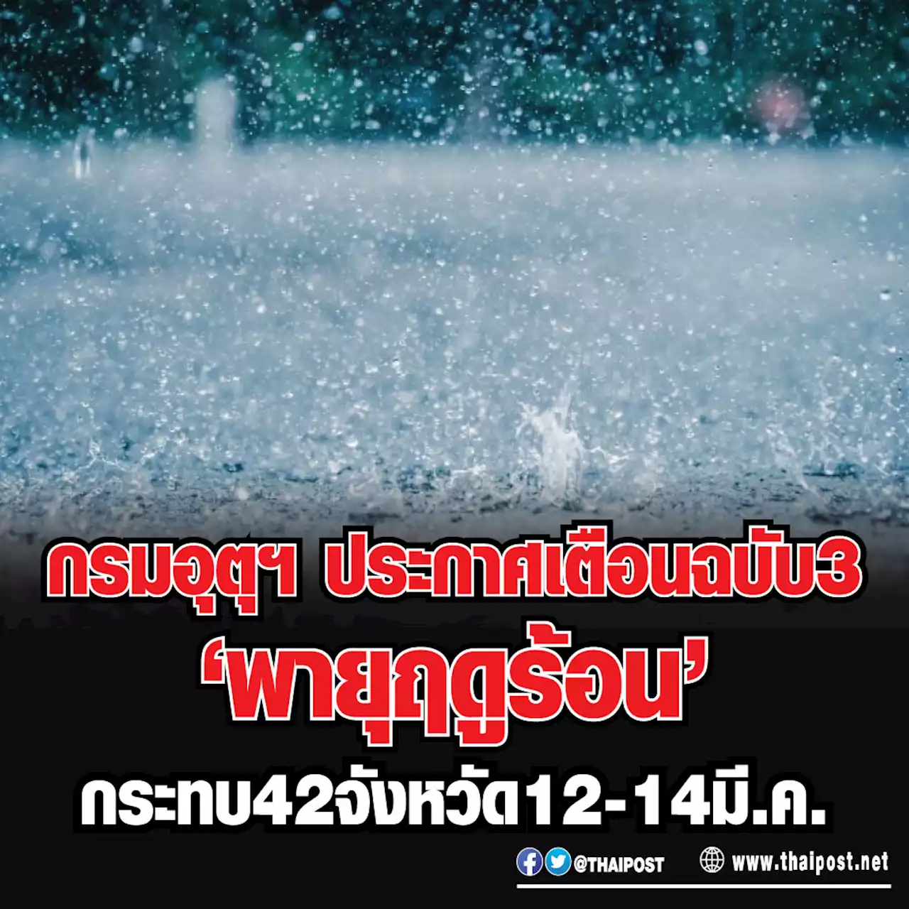 กรมอุตุฯ ประกาศเตือนฉบับ 3 'พายุฤดูร้อน' กระทบ 42 จังหวัด 12-14 มี.ค.