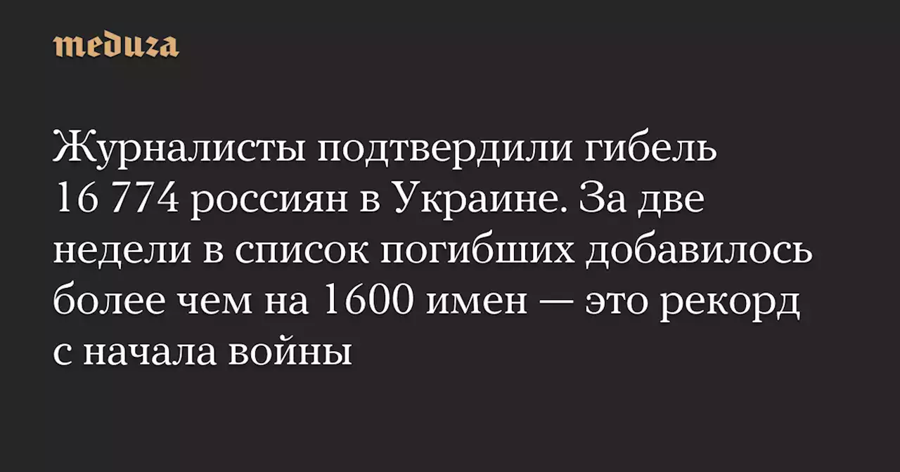 Журналисты подтвердили гибель 16 774 россиян в Украине. За две недели в список погибших добавилось более чем на 1600 имен — это рекорд с начала войны — Meduza