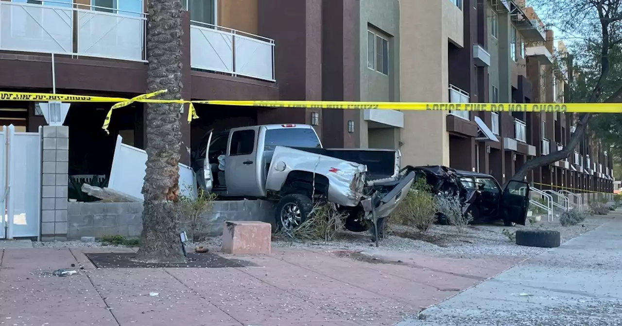 Driver at-large after two-vehicle crash into apartment building near Westgate in Glendale