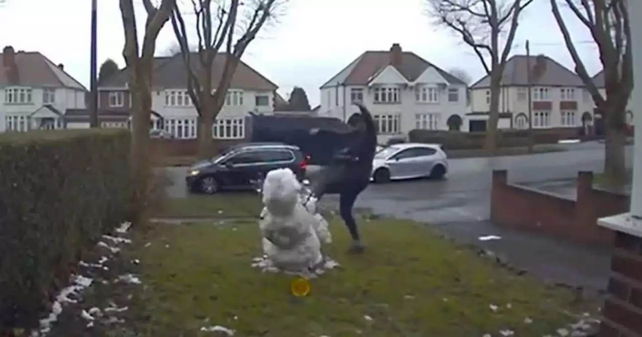 Door camera captures man getting out car to destroy child's snowman in garden