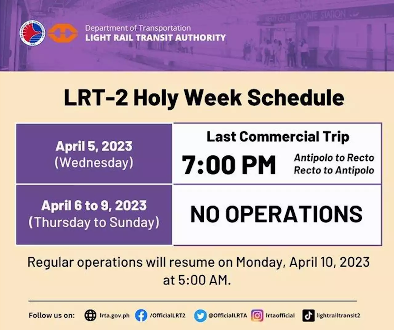 LRT-2 to suspend operations on April 6 to 9 for Holy Week