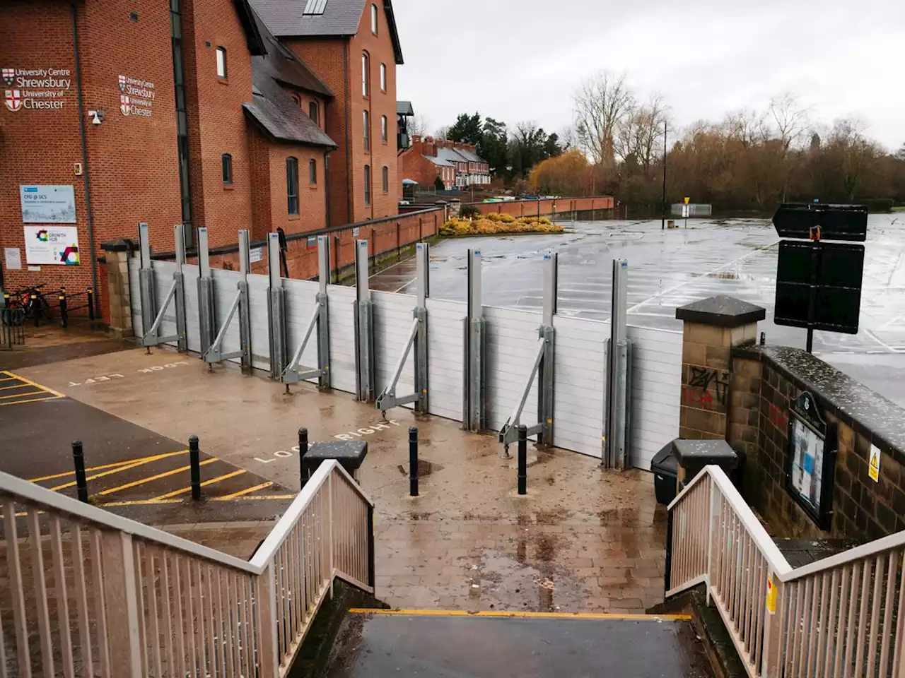 Flood barriers go up in Shrewsbury with some county roads underwater