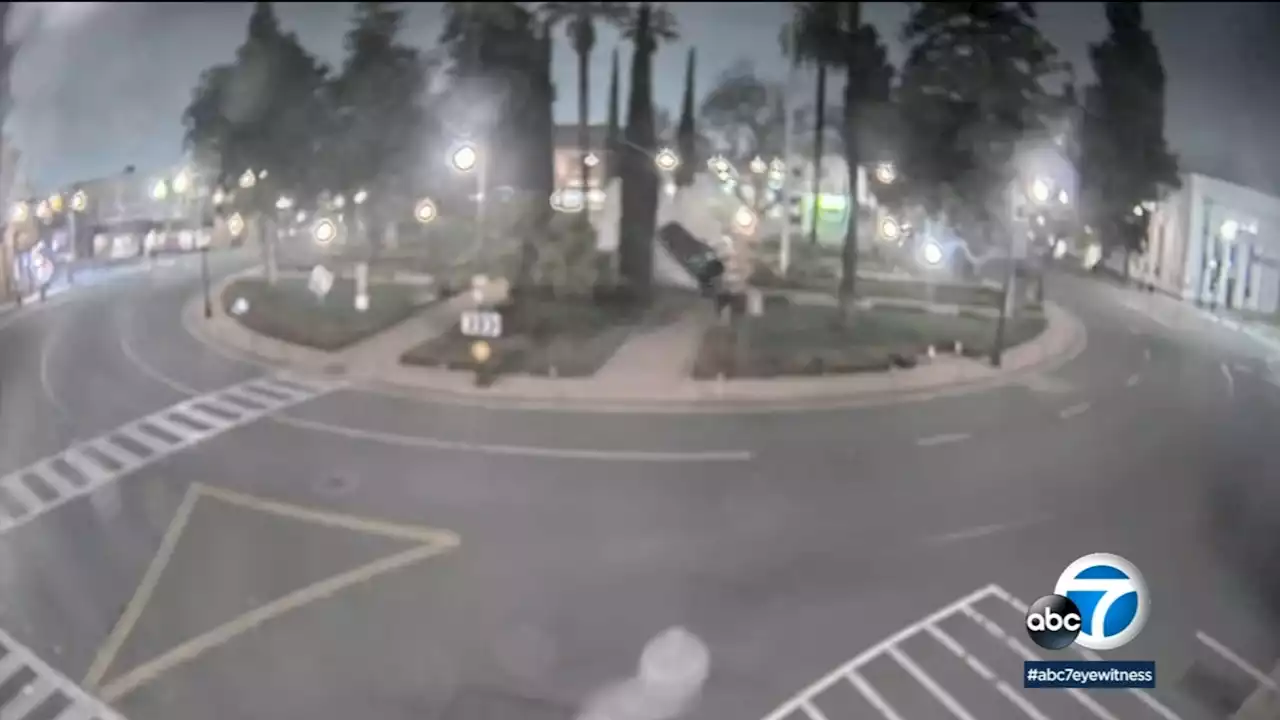 Caught on video: Driver plows into fountain, flips several times at end of chase in Orange