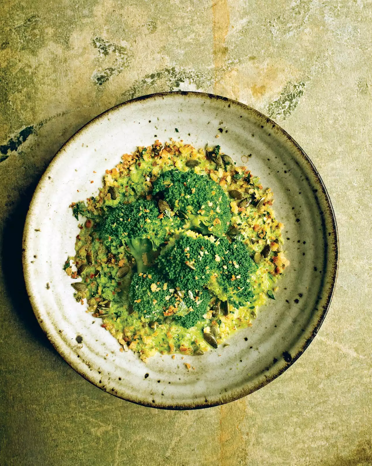 Broccoli with Crispy Bread Crumbs and Pumpkin Seeds