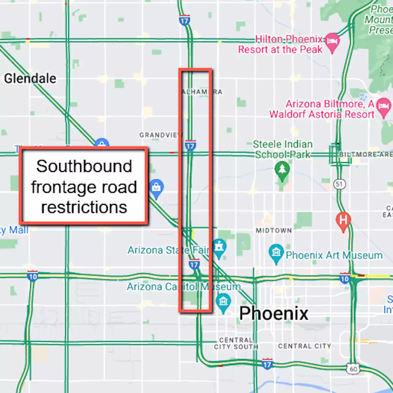 Southbound I-17 frontage road restrictions between Glendale Avenue and Van Buren Street start March 15