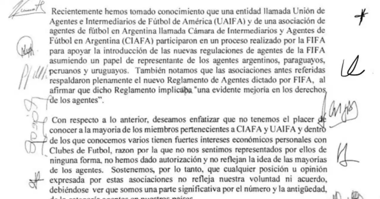 Carta de repudio a la FIFA de representantes de jugadores argentinos