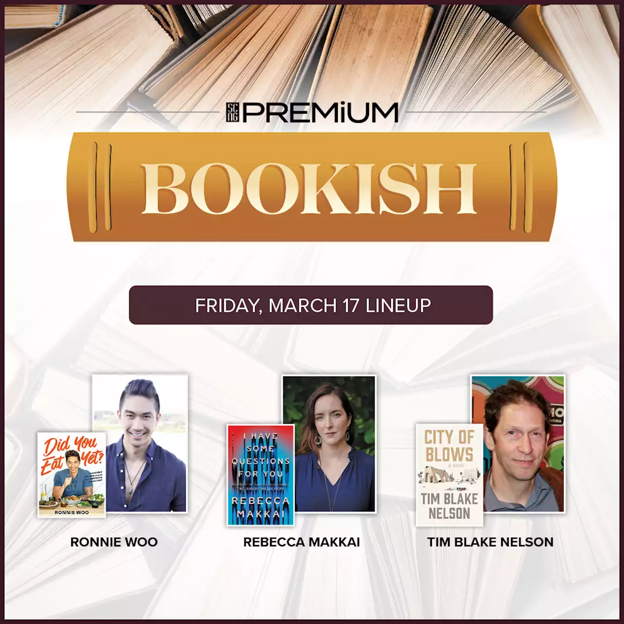 Welcome! You are invited to join a webinar: Bookish guests: Ronnie Woo, Tim Blake Nelson and Rebecca Makkai. After registering, you will receive a confirmation email about joining the webinar.