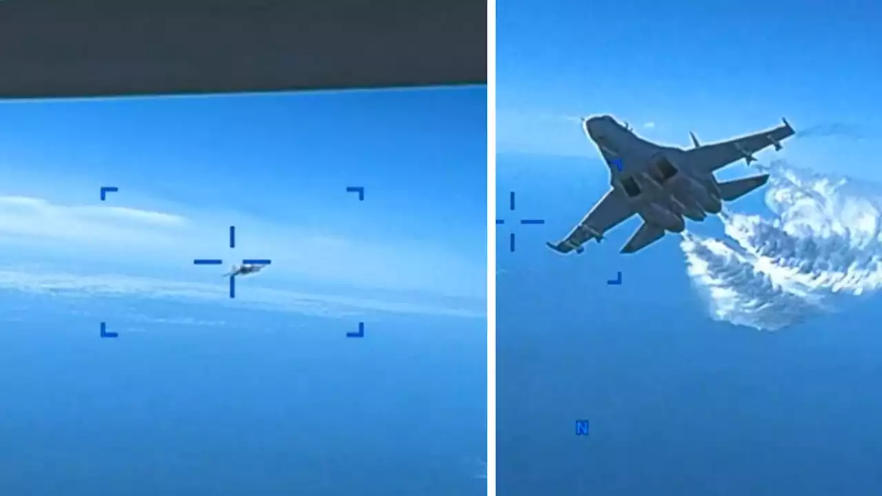 Watch tense moment Russian fighter jet collides with American reaper drone over Black Sea