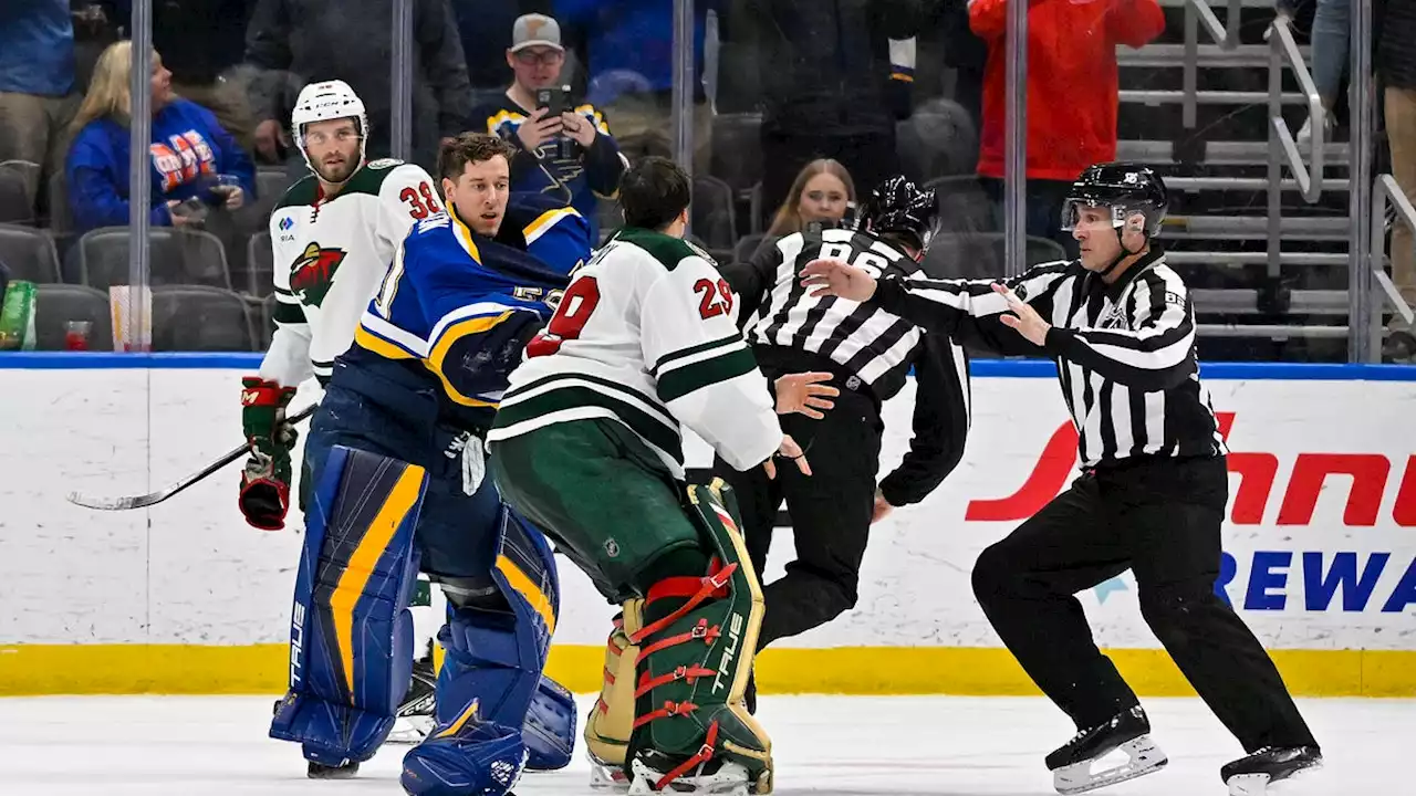 Blues' Jordan Binnington nearly gets in goalie fight with Wild's Marc-Andre Fleury