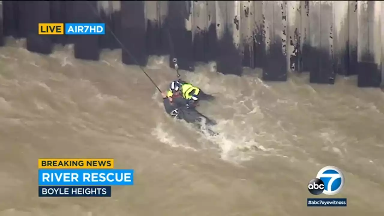 Caught on video: Crews rescue man from rain-swollen Los Angeles River in Southern California