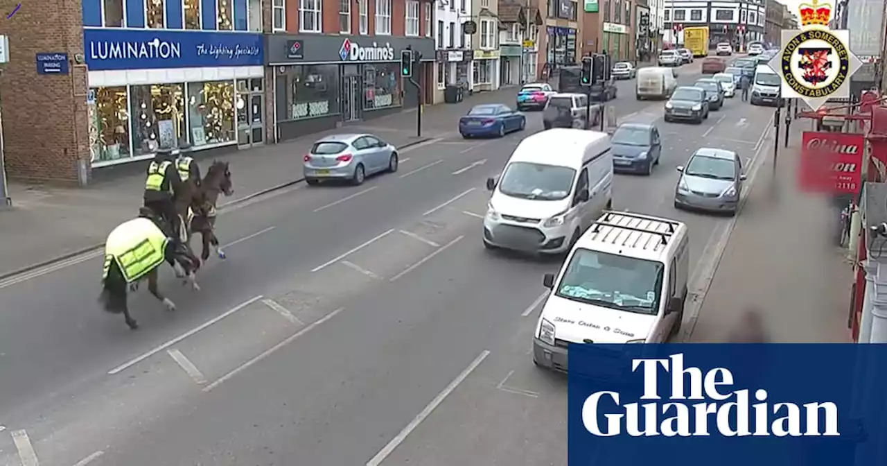 UK mounted police chase down man holding mobile phone while driving