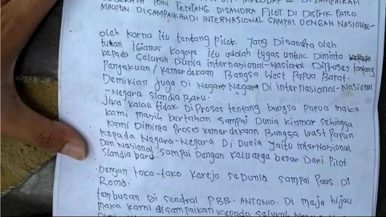 Isi Surat KKB yang Dititipkan ke Pilot Susi Air, Ditujukan untuk PBB hingga Jokowi