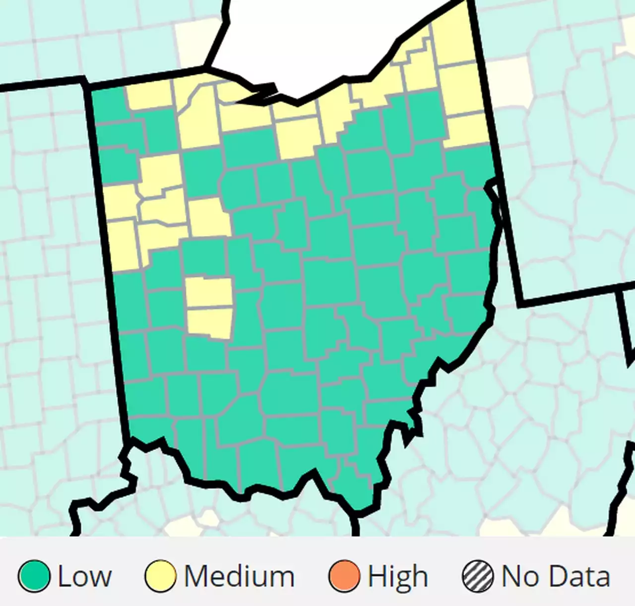 Three-quarters of Ohio’s counties now designated green for low COVID-19 spread: CDC map