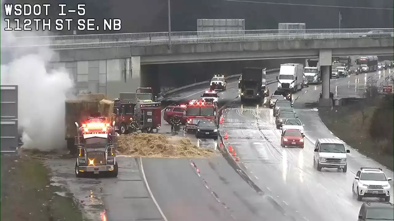 Semi-truck’s burning load of hay causes hours of delays on I-5 in Everett