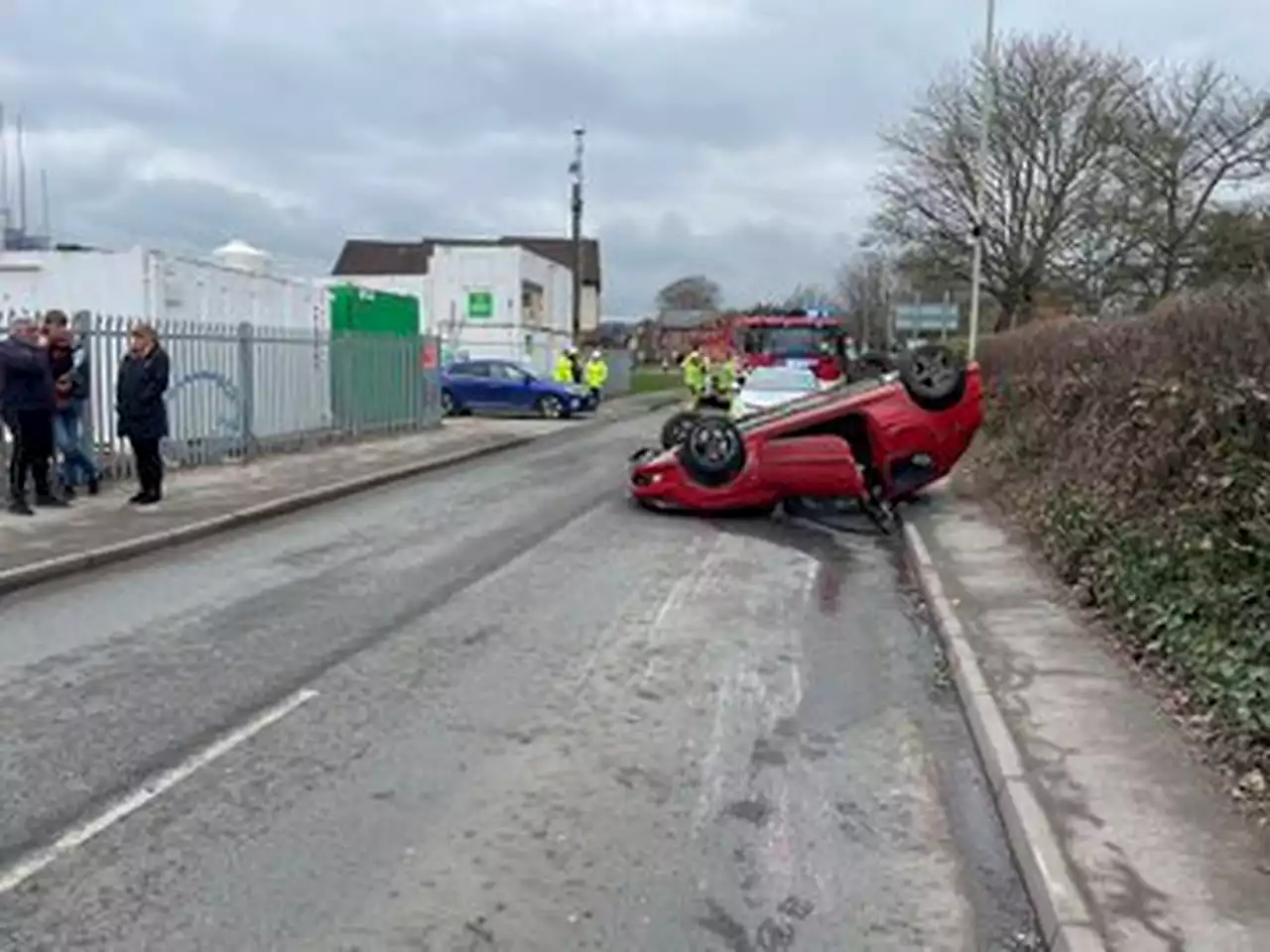 Dramatic pictures emerge of Oswestry crash where car flipped onto its roof