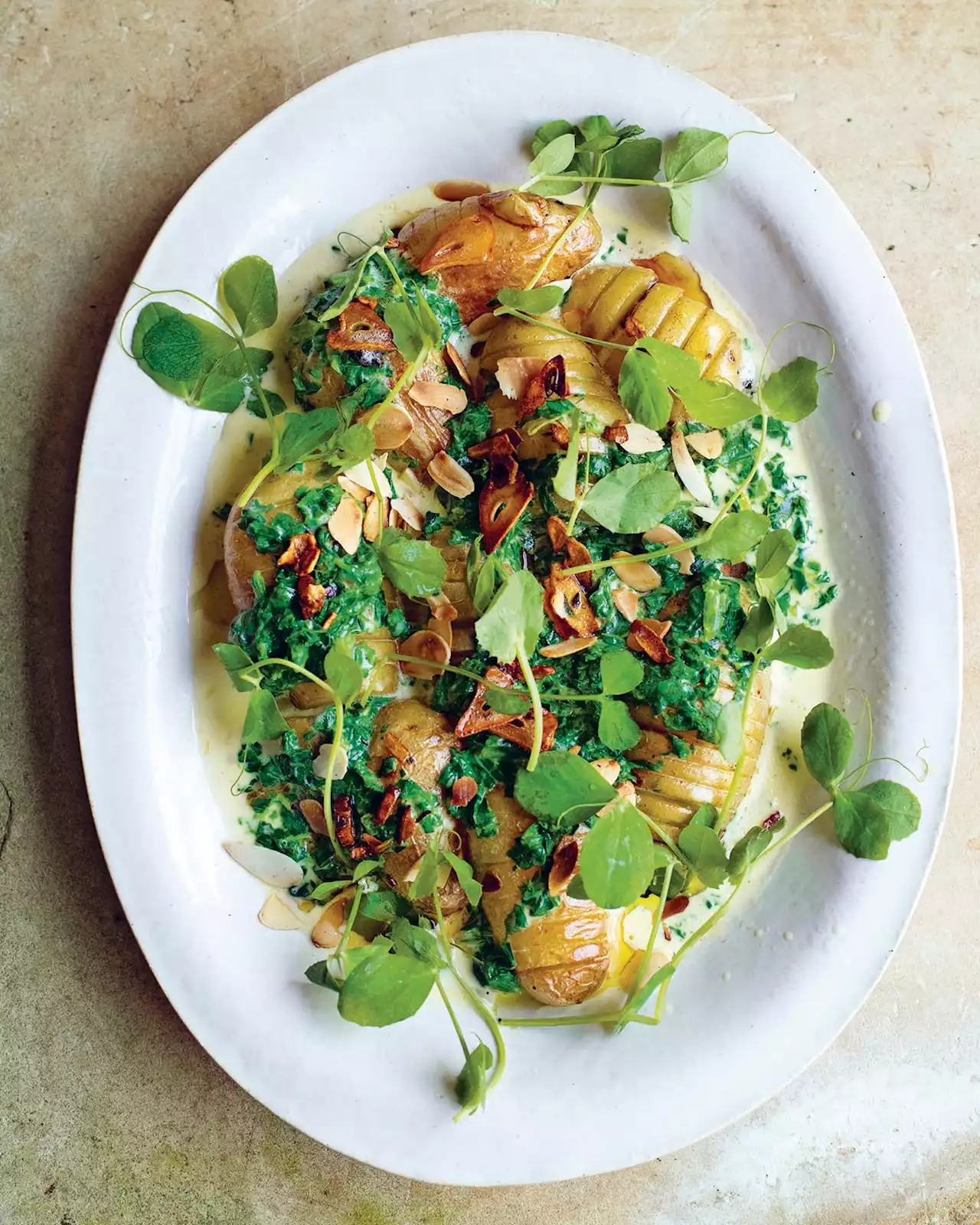 Roasted New Potatoes with Creamed Spinach and Crispy Garlic