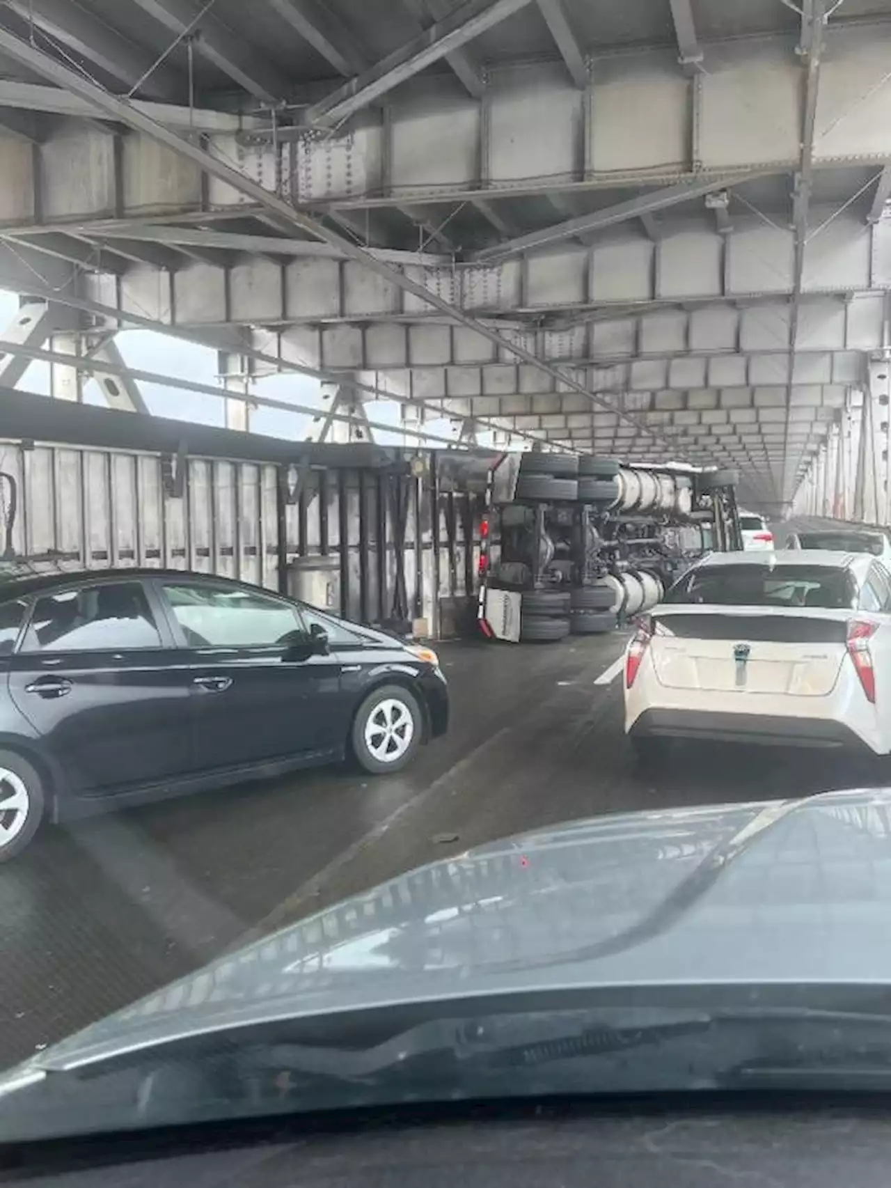 Overturned Big Rig Shuts Down Lanes on Bay Bridge