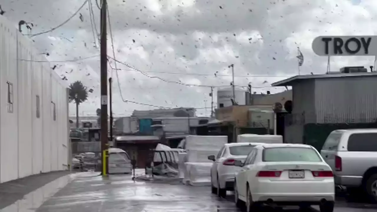 Small Tornado Tears Roof From Montebello Business, Sending Debris Flying Into Parking Lot and Streets