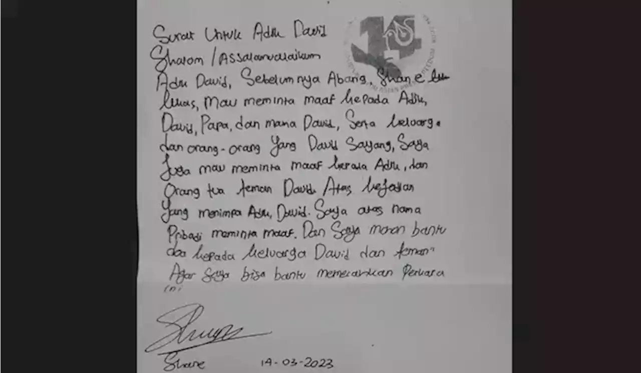 Ini Isi Surat Shane Lukas untuk David