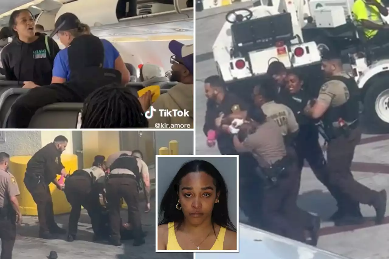 Woman carried off plane in Miami after trying to fight passenger, bite cops