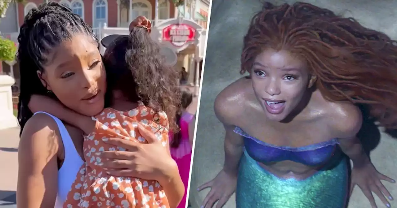 Girl adorably hangs on to ‘Little Mermaid’ star Halle Bailey at Disney: ‘Ariel’s her favorite’