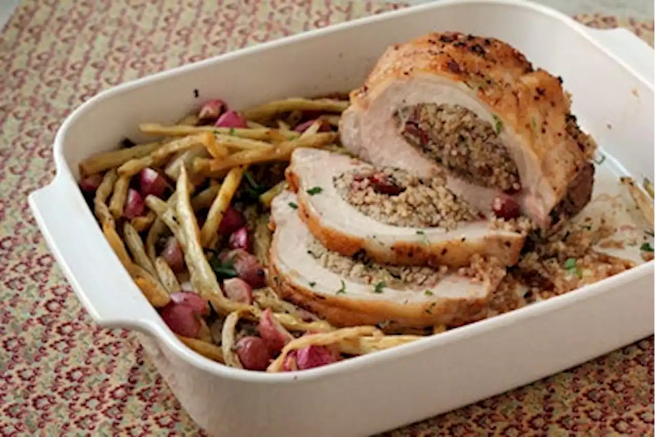 Quinoa-Stuffed Pork Loin with Roast Radishes and Wax Beans