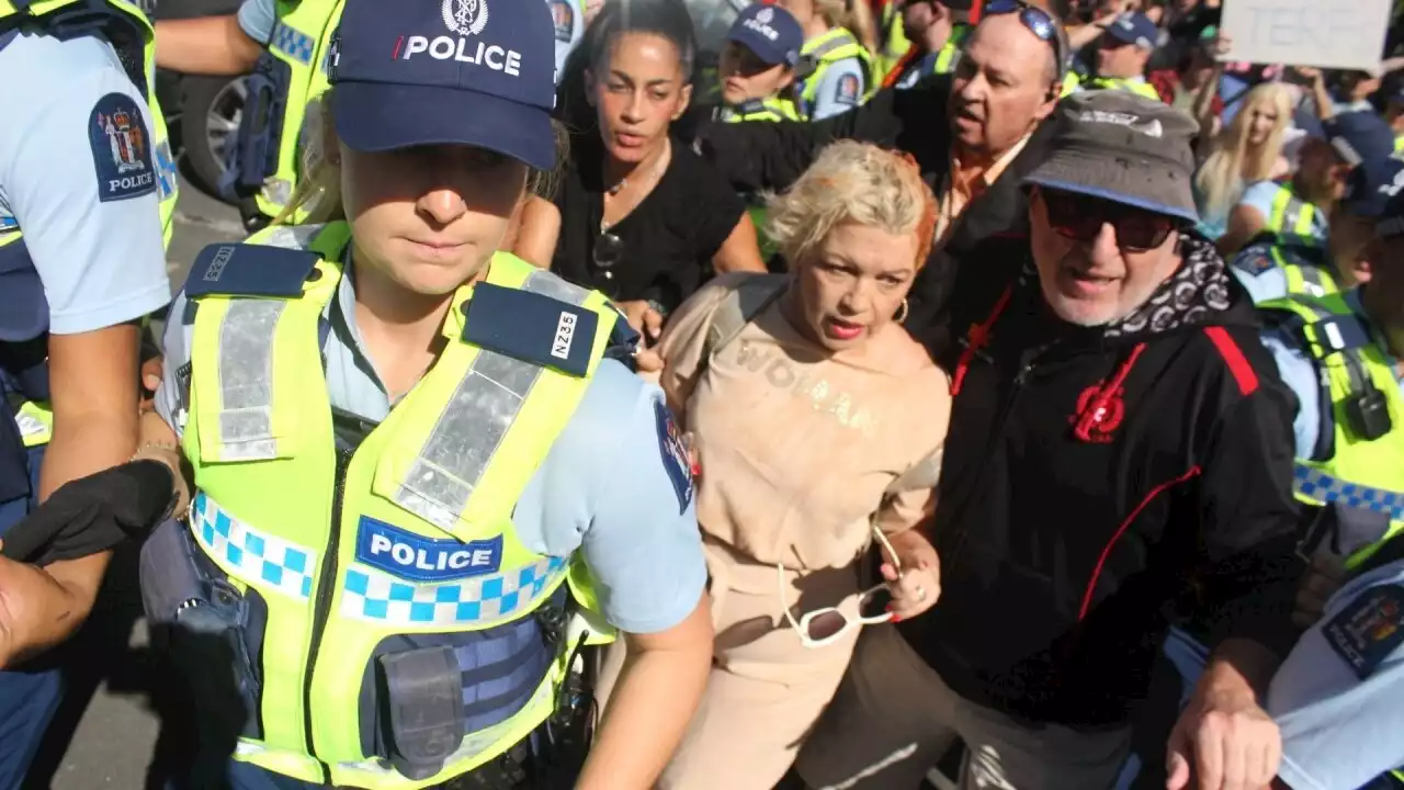 Anti-trans activist Kellie-Jay Keen escorted from angry crowd