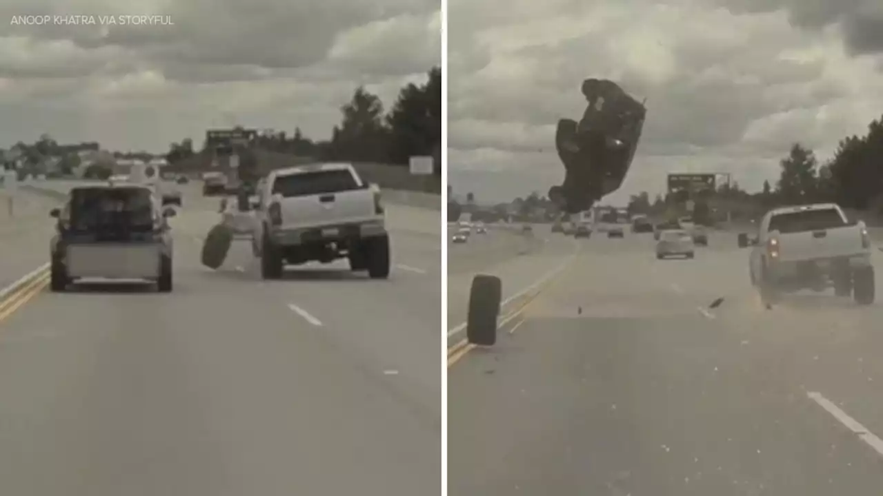 Wild video shows tire shooting off truck on Los Angeles freeway; sends vehicle flying into air