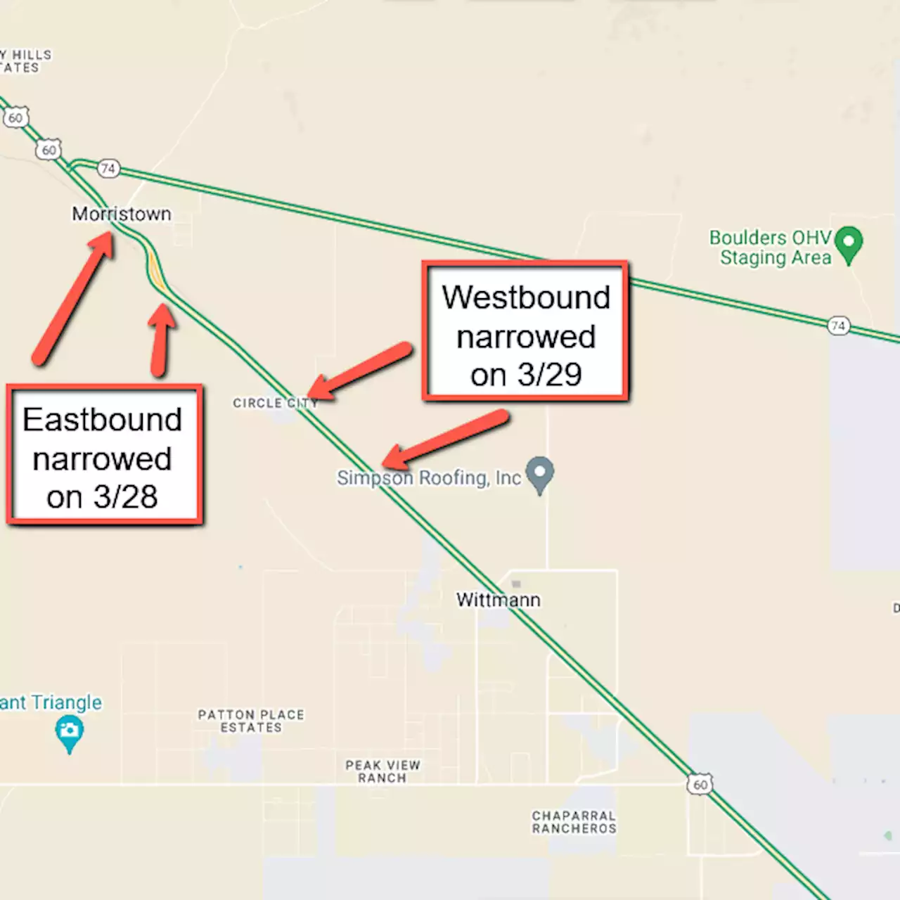 US 60 (Grand Avenue) lane restrictions planned near Morristown and Wittmann March 28-29