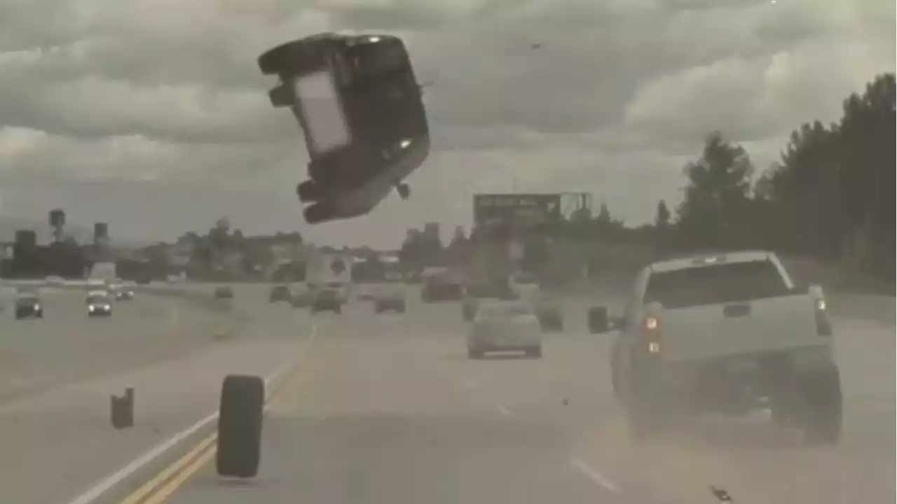 Dash cam captures dramatic moment loose tire sends car flying in air on L.A. freeway