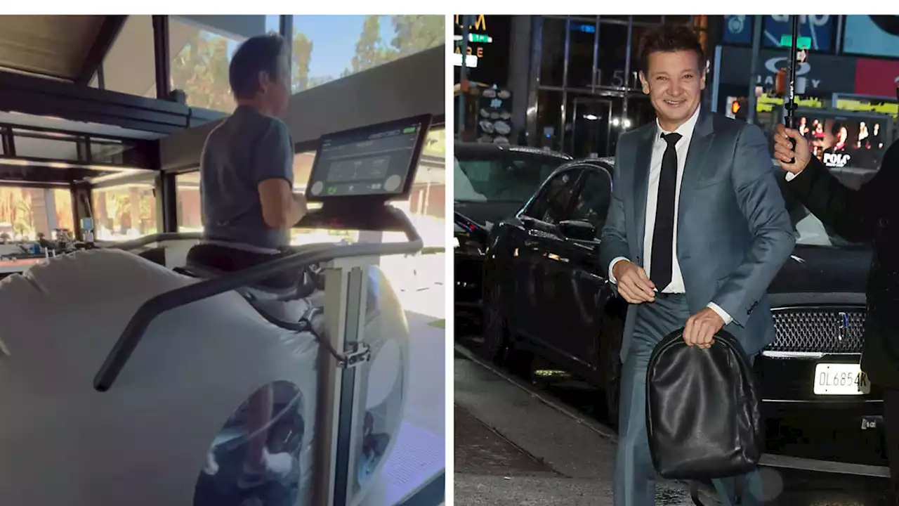 Jeremy Renner walks on anti-gravity treadmill as he recovers from breaking more than 30 bones in snowplow accident