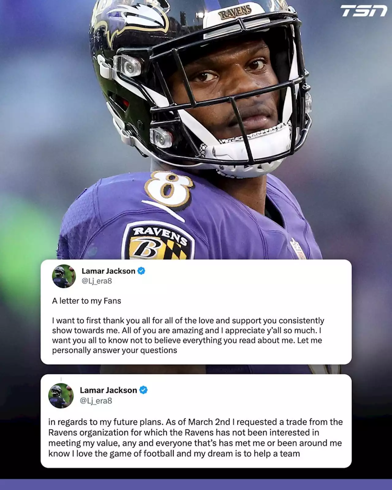 Lamar Jackson says he's requested a trade from Baltimore Ravens | TSN