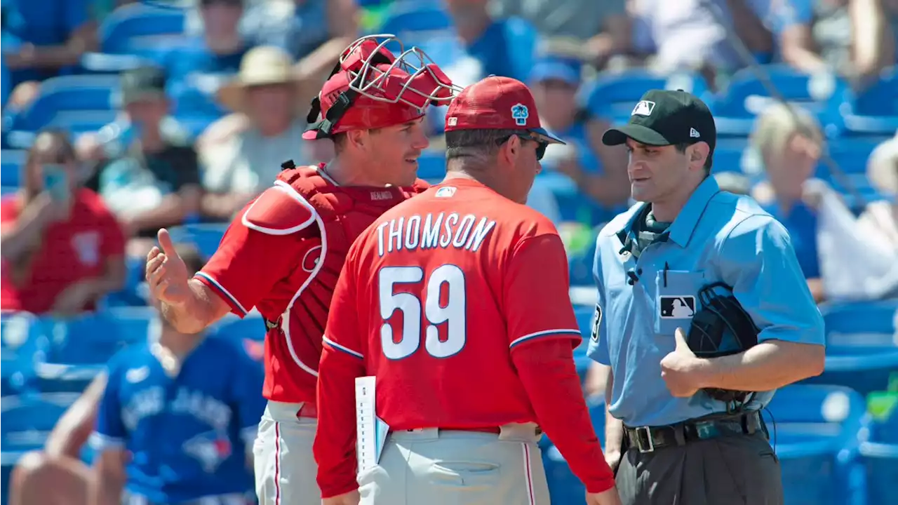 Umpire ejects Philadelphia Phillies catcher J. T. Realmuto after bizarre game ball exchange | TSN