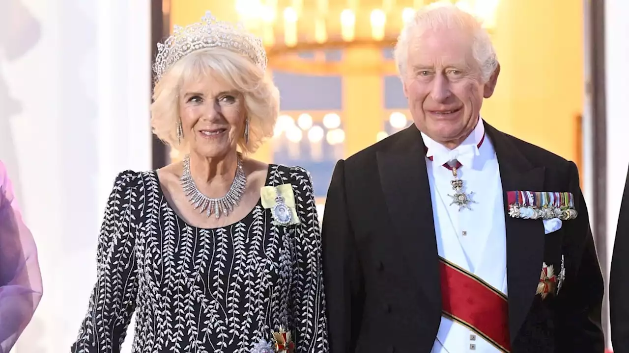 Queen Camilla sparkles in stunning tiara and sparkling Bruce Oldfield gown for state banquet in Germany