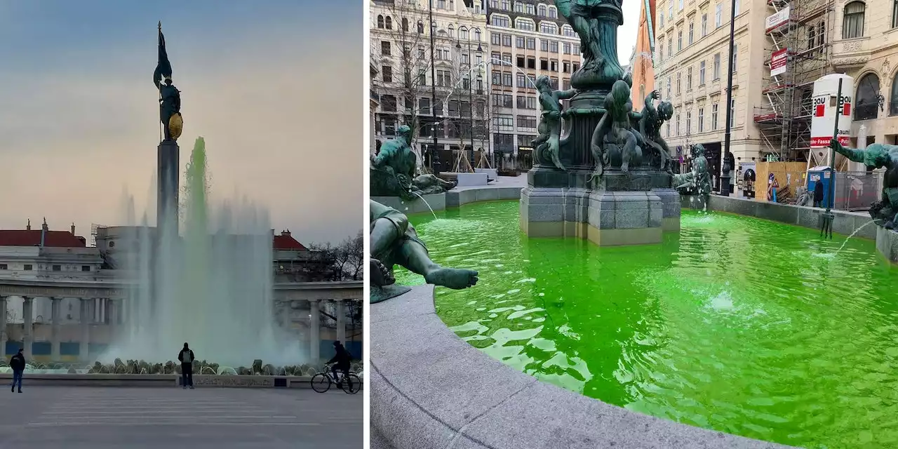 Klima-Aktivisten färben Brunnen in Wiener City grün ein