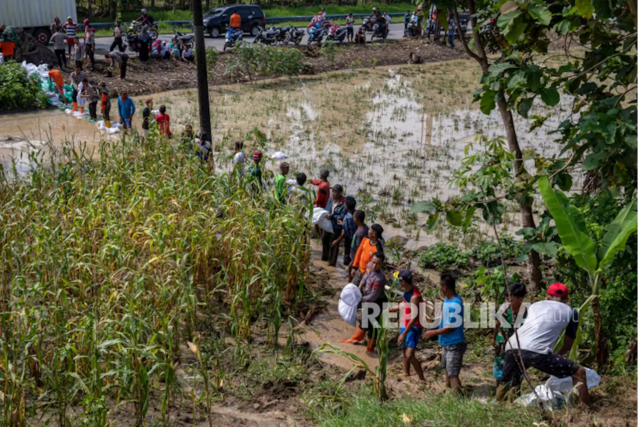 Warga, Relawan BPBD, dan TNI Polri Tambal Tanggul Sungai |Republika Online