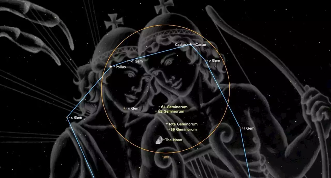 Spot the half-lit moon between the Gemini twins Castor and Pollux tonight