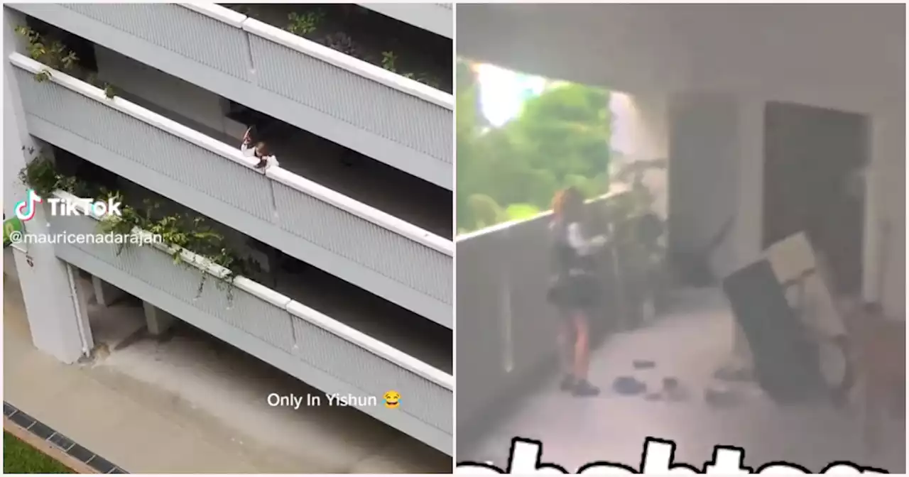 Singapore woman hurls shoes down Yishun block, lands one right into bin (Videos)