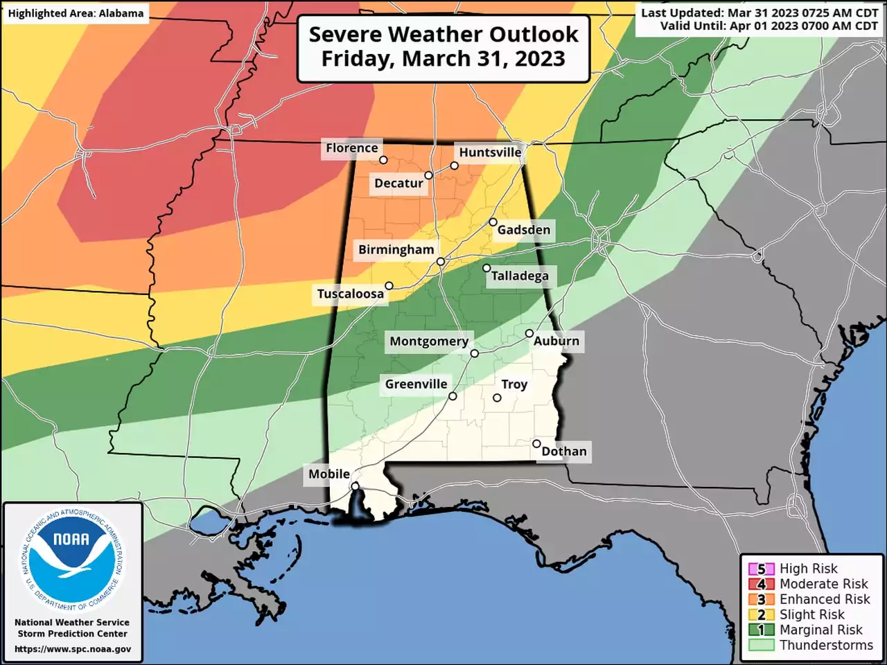 Level 3 risk for severe weather for Alabama tonight