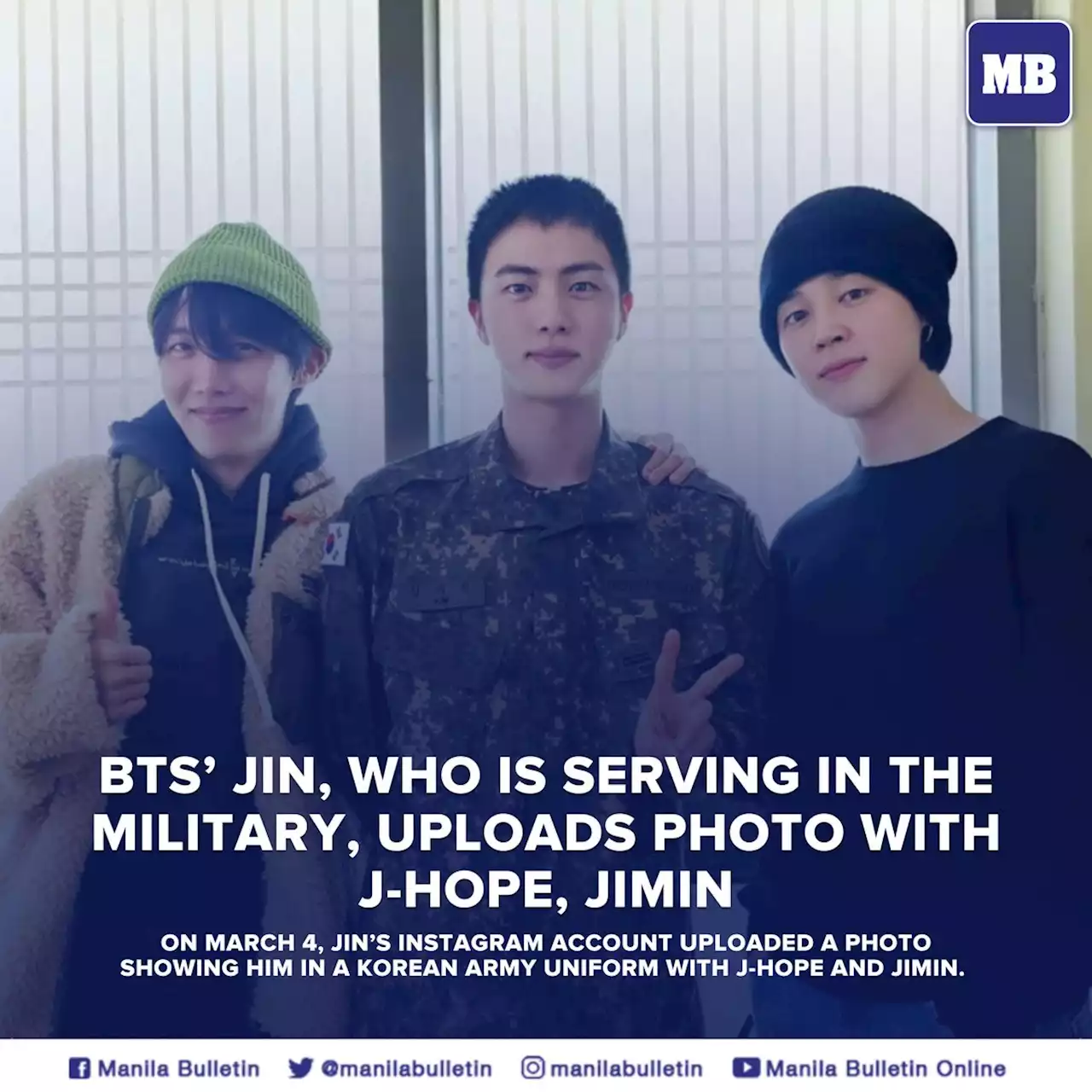 BTS’ Jin, who is serving in the military, uploads photo with J-Hope, Jimin