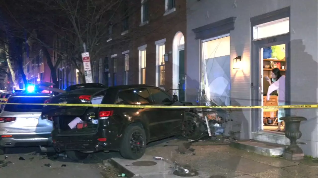 Car slams into Center City Philadelphia home after 2-vehicle crash