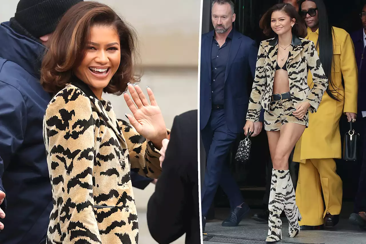 Zendaya bares her abs in animal print at Louis Vuitton fashion show